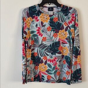 Caribbean Joe Yellow Teal Colorful Floral Long Sleeve Swim Top medium